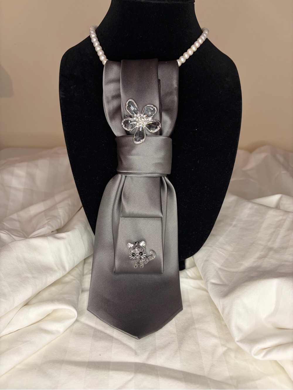 NICOLE MILLER 100% Silk Silver Satin Cravat Scarf with Crystal Floral Accent